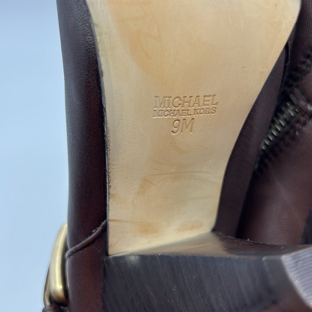 MICHAEL Michael Kors Women US 9 Brown Leather Heeled ankle booties Gold Buckle - Picture 7 of 12